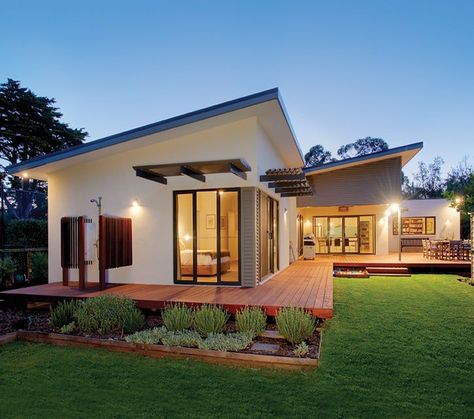 Beautiful in its simplicity this Balnarring Beach home captures the essence of coastal living with amazing energy efficiency. It was built by multi-award winning Solar Solutions Design, who are dedicated to maximising energy efficiency, using sustainable Hebel buildings products and delivering uncompromised style. www.hebel.com.au Energy Efficient House Design, Passive Solar House Plans, Solar House Plans, L Shaped House, Passive Solar Homes, Skillion Roof, Roof Pitch, Deck Backyard, Solar Solutions