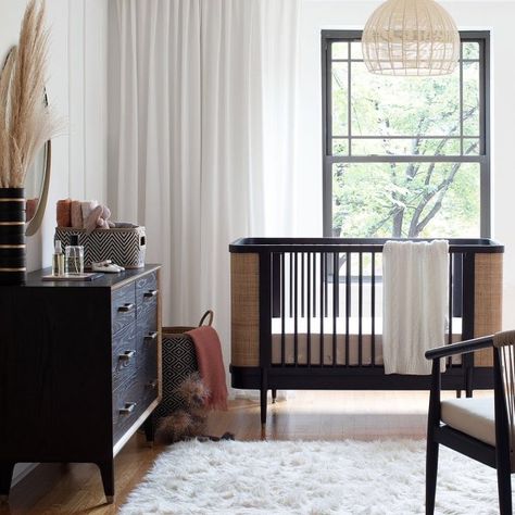 Black and Natural Thornhill Crib + Reviews | Crate and Barrel Black Crib, Neutral Crib, Nursery Dresser, Cane Furniture, Nursery Room Design, Kids Dressers, Nursery Room Inspiration, Storage Furniture Bedroom, Nursery Baby Room