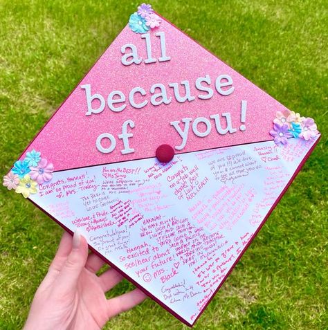 All Thanks To Them Grad Cap, Graduation Cap Designs 23, Cute Ways To Decorate Your Graduation Cap, Gad Cap Ideas, Graduation Cap Thank You, All Because Of You Graduation Cap, Hot Pink Grad Cap, Sharply Evans Graduation Cap, Emotional Graduation Caps