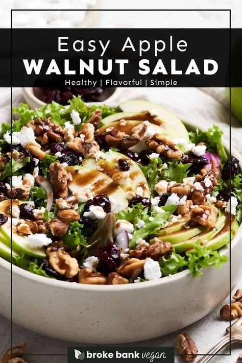 This apple walnut salad brings together the best of the fall harvest season! It showcases crisp apples, toasted walnuts, tangy dried cranberries, and creamy feta. Pair it with a quick and easy balsamic vinaigrette for a fresh side dish that’s bursting with vibrant flavors. #applewalnutsalad #holidaysalad #holidaysidedish Walnut Apple Salad, Apple Cranberry Walnut Salad, Red Skin Mashed Potatoes, Cranberry Walnut Salad, Bien Tasty, Vegan Sweet Potato Casserole, Vegan Breakfast Casserole, Apple Walnut Salad, Creamy Feta