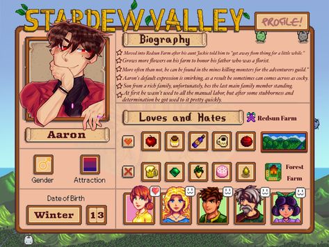 a filled stardew valley oc template of farmer aaron, my original character Farmer Oc, Stardew Valley Farmer, Adventurer's Guild, Oc Character, Character Template, Original Characters, Original Character, Stardew Valley, Character Ideas