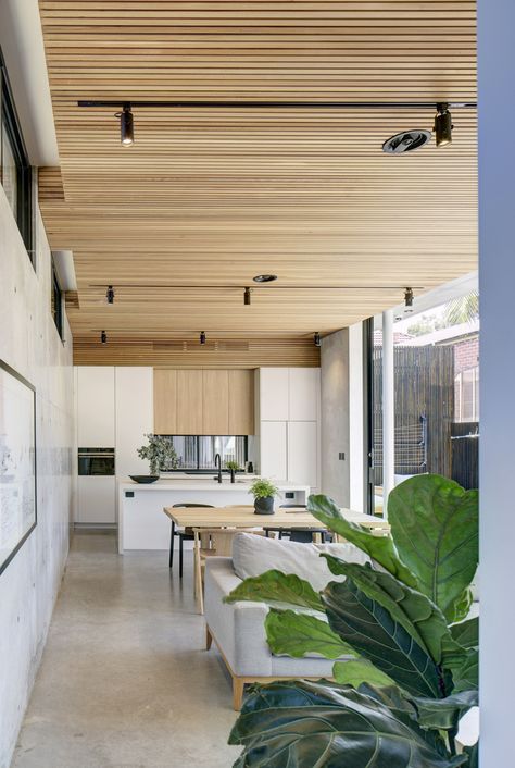 Gallery of Bondi House / James Garvan Architecture - 3 Bondi House, Kitchen Concrete Floor, Concrete Kitchen Floor, Concrete Tile Floor, Kitchen Cabinet Trends, Timber Ceiling, Long House, Concrete Countertops Kitchen, Wood Beam Ceiling