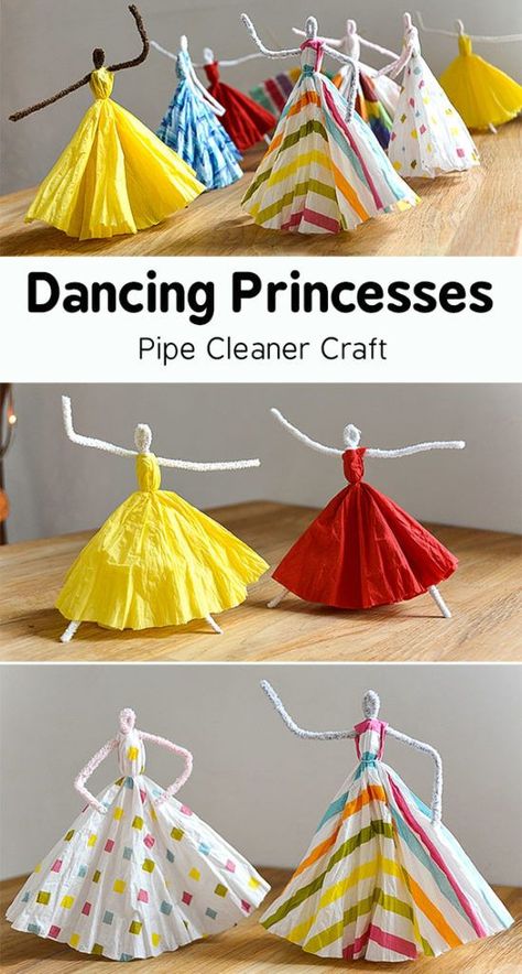 Paper Napkin Dancing Princesses Pipe Cleaner Craft - Blue Bear Wood Jellyfish Craft, Paper Dresses, Desain Quilling, Pipe Cleaner Crafts, Diy Ostern, Blue Bear, Diy Bricolage, Seni Origami, Prom Proposal