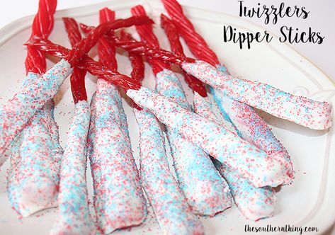 Twizzlers Dipper Sticks #twizzlerssummer #Ad Twizzlers Recipe, White Almond Bark, Candy Sticks, Almond Bark, Brownie Batter, Red Sparkle, Iced Latte, Chocolate Dipped, Potato Soup