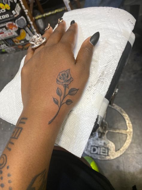 Small Rose On Hand Tattoo, Rose Tattoo On Hand For Women, Gogo Tattoo, Wrist Rose Tattoo, Ahs Tattoo, Rose On Hand Tattoo, Rose Elbow Tattoo, Small Rose Hand Tattoo, Hand Rose Tattoo