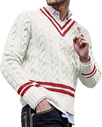 Cable Knit Sweater Men V Neck Striped Pullover Fashion Long Sleeve Casual Jumper Tops Loose Comfort Soft Color Block Sweaters Mens Fall Sweaters, Mens Red Sweater, Black Crop Sweater, Long White Sweater, Sweater Dress Petite, Knit Sweater Men, Mens Cable Knit Sweater, Color Block Sweaters, Christmas Sweater Dress