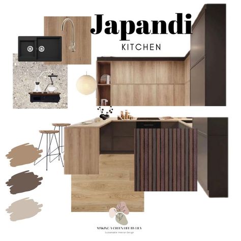 Looking for inspiration for your Kitchen? I create manu japandi style, interior mood boards, by using only eco-conscious brands. Check themmany out from here! #japandi #sustainablehome #sustainableinteriordesign #moodboardaesthetic Kitchen Japandi Design, Japandi Kitchen Color Palette, Moodboard Kitchen Design, Japandi Kitchen Backsplash, Dark Japandi Kitchen, Japandi Restaurant, Japandi Mood Board, Japandi Interiors Kitchen, Japandi Interiors Moodboard