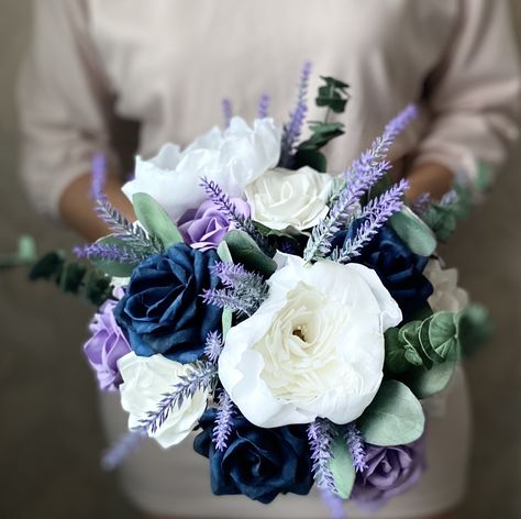 Navy and lavender bouquet from 100% handmade flowers and greenery (exept lavender).Everlasting, never fading, pretty realistic.Wedding bouquet is decorated with ribbons.Bouquet is available in 3 sizes: 7, 9 and 12 inches. It also can be completed with corsage and boutonniere in the same style. If you like the design but your wedding is in other color do not hesitate to contact me custom orders are welcome.When placing the order, please Specify the event dateOther colors are also available. Conta Navy And Lavender Wedding, Wedding Bouquet Lavender, Navy Blue Wedding Bouquets, Navy And Lavender, Realistic Wedding, Lavender Wedding Bouquet, Bouquet Lavender, Blue Purple Wedding, Dark Blue Wedding