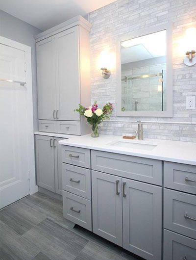 41 Small Master Bathroom Design Ideas | Sebring Design Build Silestone Countertops, Small Master Bath, Kohler Purist, Gray Cabinets, Bad Inspiration, Bathroom Remodel Shower, Bathroom Remodel Designs, Bathroom Backsplash, Upstairs Bathrooms