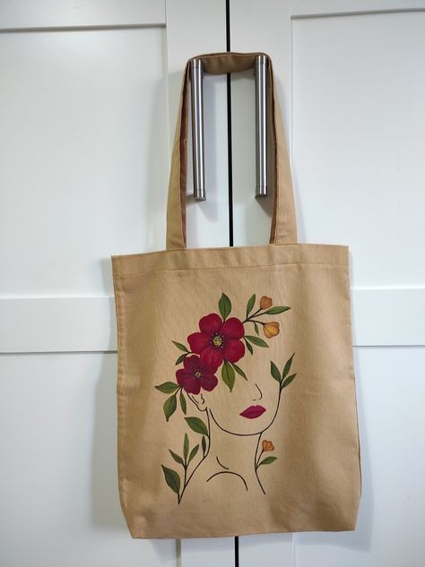 Flores en perfil Painting On Canvas Bag, Tote Bag Painting Ideas Aesthetic, Diy Fabric Purses, Fabric Bag Design, Decorated Tote Bags, Creative Tote Bag, Painted Canvas Bags, Diy Canvas Art Easy, Bag Painting