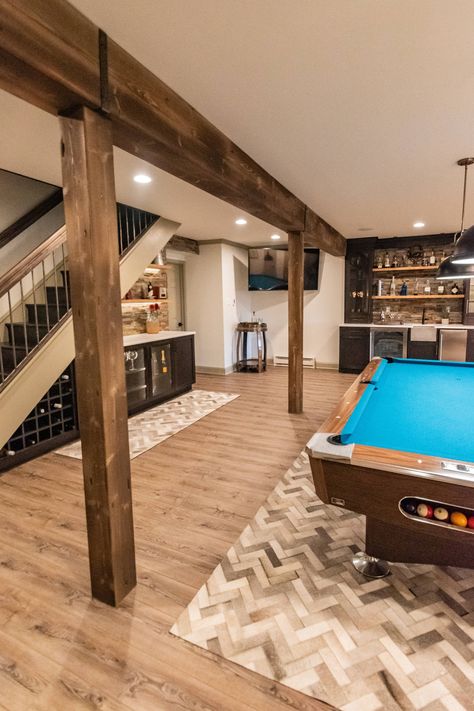 Rustic Chic Basement Overhaul - Rustic - Basement - Philadelphia - by Gardner/Fox Associates, Inc | Houzz Chic Basement, Rustic Basement Ideas, Transitional Basement, Bonus Room Design, Open Basement, Basement Fireplace, Dream Basement, Rustic Basement, Basement Layout