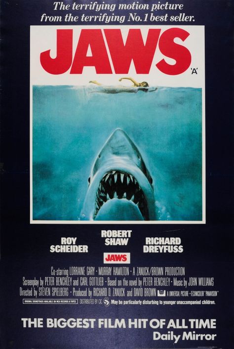 Jaws Shark Film Steven Spielberg UK / 1975 / Cinema Posters / Roger Kastel / 152x101 Original vintage movie poster… / MAD on Collections - Browse and find over 10,000 categories of collectables from around the world - antiques, stamps, coins, memorabilia, art, bottles, jewellery, furniture, medals, toys and more at madoncollections.com. Free to view - Free to Register - Visit today. #Posters #Cinema #MADonCollections #MADonC Jaws Poster, Jaws Movie Poster, Steven Spielberg Movies, Universal Horror, Movie Poster Frames, Richard Dreyfuss, Jaws Movie, Parental Guidance, Thriller Film