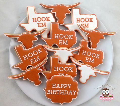 Longhorn cookies, Texas University Cookies, Texas University. Hook Em Cookies, Texas Cookies, Football Cookies Texas Longhorns Cookies, Texas Longhorn Cookies Decorated, University Of Texas Party Decorations, Ut Cookies Decorated, Texas Longhorn Birthday Party, Longhorn Cookies Decorated, Longhorn Party Ideas, Longhorn Cookies, Longhorn Party