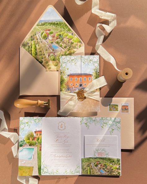 Under the Tuscan sun ☀️ The gentle southern sun, a warm and friendly land, enchants with its beauty and hypnotizes with green patterns. In this special atmosphere, in an old villa with a swimming pool, in a garden in the shade of trees, you want to start a new life story. Sharing a happy moment with your closest people 🧡 More of our illustrated invitations by hashtag #6чувство_акварель #weddingstationery #invitation #comowedding #italywedding #lakecomo #lakecomowedding #italianwedding #... Illustrated Invitations, Green Patterns, Start A New Life, Wedding Tablescape, Under The Tuscan Sun, Lake Como Wedding, Tuscany Wedding, Wedding Tablescapes, Life Story