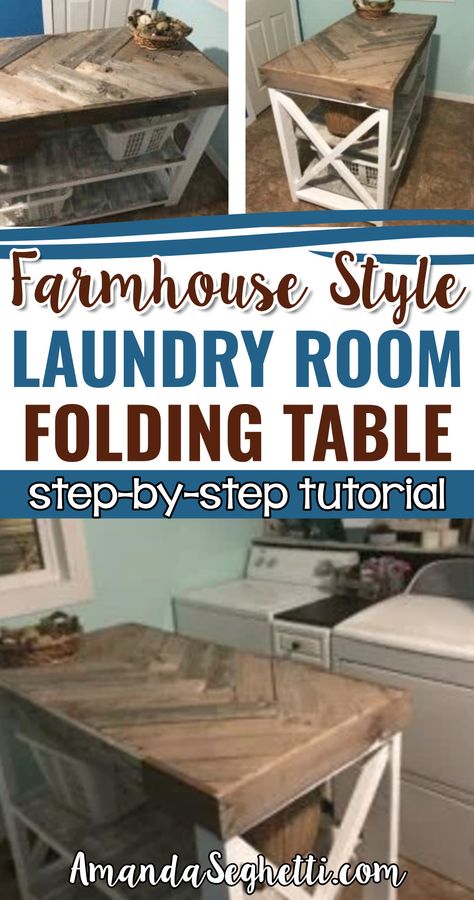 DIY Farmhouse Laundry Room Folding Table Project Clothes Folding Table For Laundry Room, Diy Laundry Room Folding Station, Laundry Table Diy, Herringbone Laundry Room, Laundry Folding Table Ideas, Laundry Table Ideas, Laundry Room With Folding Table, Laundry Room Folding Station Ideas, Fold Down Laundry Table