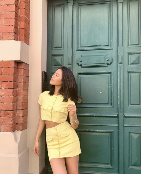 Matching Set Outfit Two Pieces, Set Outfit Two Pieces, Ootd Yellow, Matching Set Outfit, Green Pleated Skirt, Matching Sets Outfit, Pastel Outfit, Vacay Outfits, Korean Casual Outfits