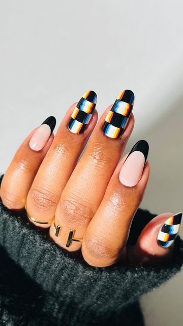 Brittney Ellen on Instagram: "Trippyyy 😵‍💫😵‍💫 A little late but weekend nails really have been my favorite lately 🏁💅🏽 Had these trippy checkered nails saved to my inspo folder for months now and I finally got around to trying them out! Obsessed is literally an understatement 🤭 Products used: @lightslacquer Paper Snow, Slice of Life, Toot Sweets, Barry, Blue Moon @mooncat Emo For Life @unt.global Water-based Topcoat Shop through the link in my bio or use code BRITTNEY for 10% off @lightsl Disco Nails, Flame Nail Art, Checkered Nails, Basic Nails, Crazy Nails, Black Nail Designs, Black Nail, Dark Nails, Beauty Nail