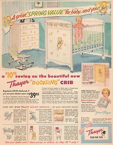 vintage baby bed ad | Baby Crib Furniture (with decals - all the rage) - ad from 1956 Thayer ... Crib Furniture, Baby Memorabilia, Vintage Baby Nursery, Baby Ads, Vintage Nursery Decor, Vintage Housewife, Pics Vintage, Retro Baby, Baby Journal