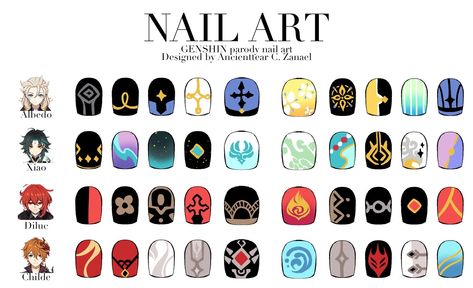 Genshin Impact nail art Genshin Inspired Nails, Genshin Impact Nails Design, Wallpaper Klee, Bennett Pfp, Genshin Impact Nails, Paimon Aether, Childe Genshin, Nail Drawing, Anime Nails