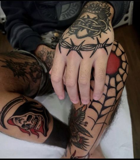 Hand Traditional Tattoo Design, Goth Traditional Tattoo Flash, American Trad Hand Tattoo, Traditional Thumb Tattoo, Trad Neck Tattoo, Hand Tattoos American Traditional, American Traditional Finger Tattoos, Traditional Hand Tattoos For Guys, Trad Hand Tattoo