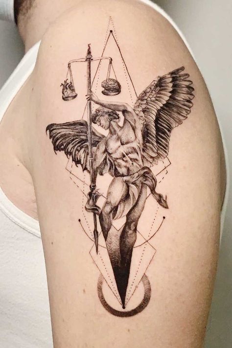 Angel Tattoo Ideas: The Mystery of Heavenly Ink Uncovered ★ Libra Angel Tattoo Idea Angel With Bow And Arrow Tattoo, Divine Tattoos, Angel Tattoo Ideas, Divine Tattoo, Angel Back Tattoo, Meaningful Tattoos For Men, Balance Tattoo, Cupid Tattoo, Meaningful Tattoo Ideas