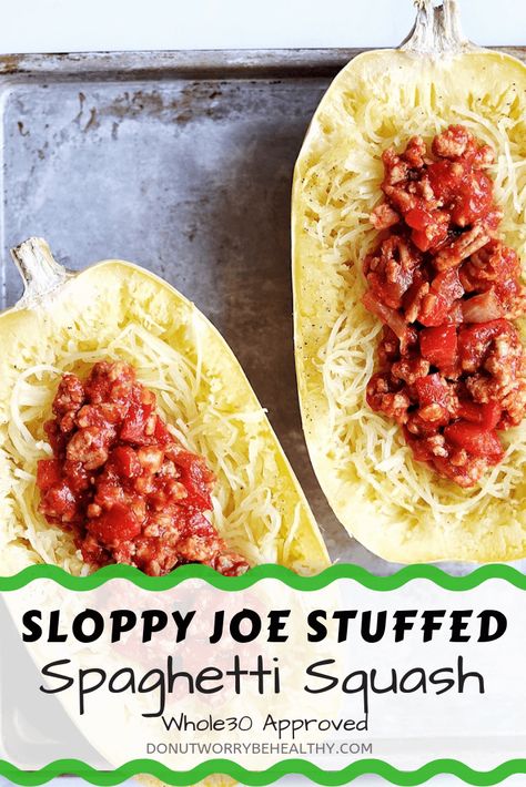 Sloppy joe stuffed spaghetti squash is made using lean ground turkey, a sauce made from homemade ketchup and coconut aminos, all laid atop a bed of veggie noodles to make your childhood favorite just as delicious but a whole lot healthier. | donutworrybehealthy.com #sloppyjoe #healthysloppyjoe #stuffedspaghettisquash Sloppy Joe Spaghetti Squash, Mexican Stuffed Spaghetti Squash, Stuffed Spaghetti Squash With Spicy Italian Sausage, Vegan Stuffed Spaghetti Squash, Jalepeno Popper Stuffed Spaghetti Squash, Healthy Sloppy Joes, Turkey Spaghetti, Healthy Party Food, Homemade Ketchup