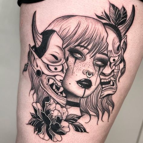 Mascara Hannya, Oni Tattoo, Cyberpunk Tattoo, Devil Tattoo, Wicked Tattoos, Muster Tattoos, Creepy Tattoos, Dope Tattoos For Women, Dope Tattoos