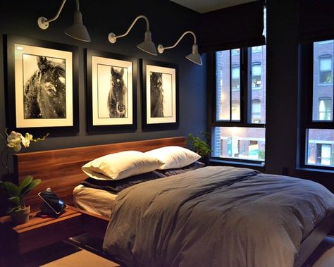 Absolutely love the artwork and the lighting. Wonderful! ❤  like the placement of the lighting/ the color of walls Men Bedroom Design, Design Seed, Bedroom Ideas On A Budget, Bedroom Dark, Small Bedroom Remodel, Guest Bedroom Design, Masculine Bedroom, Navy Walls, Mens Bedroom