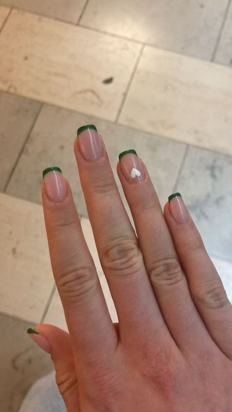 White Nails With Green Tips, Short White And Green Nails, Natural Prom Nails Short, Green Nails With White Tips, Green French Tip Short Nails, Prom Nails Gel Short, Short Nails Dark Green, Green And White Nails Short, Green Prom Nails Short