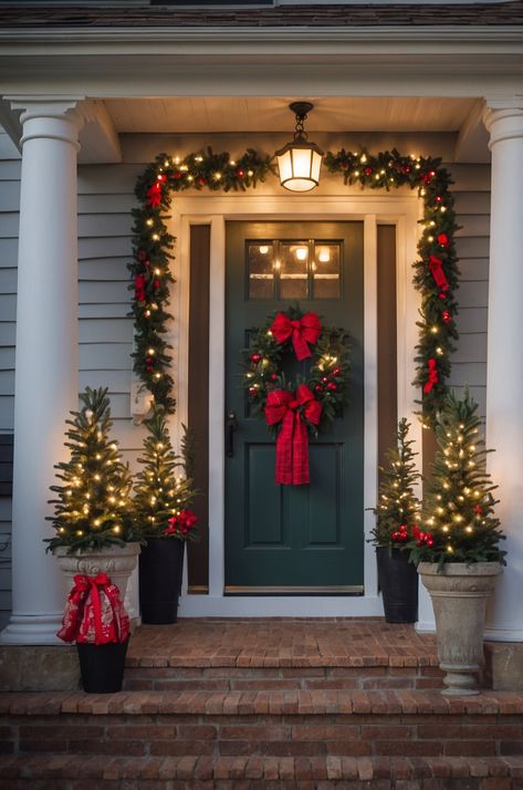 31 Festive Front Porch Christmas Decor Ideas to Wow Your Neighbors - DIYCozy: Nails, Decor, DIY, Gardening, Holidays Christmas Front Stoop, Christmas Door Step Decor, Front Garden Christmas Decorations, Christmas Outdoor Decorations Porch Front Steps, Front Door Xmas Decor Ideas Entrance, Christmas Front Door Apartment, Inside Christmas Decoration Ideas, Front Door Christmas Decor Ideas Diy, Christmas Decor Ideas Front Door