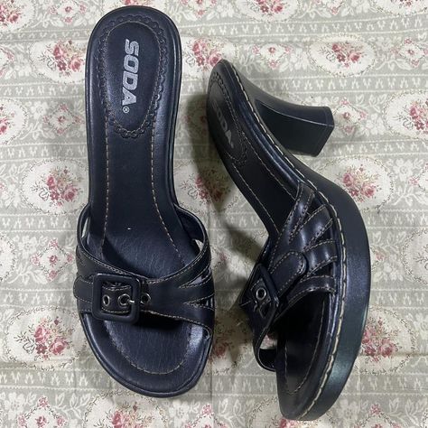 Y2K Style Soda Buckle Heels.  I haven’t worn these... - Depop Thrift List, Y2k Heels, Buckle Heels, Y2k Shoes, Flowy Dresses, Funky Shoes, Shoe Inspo, Buckled Heels, Hot Shoes