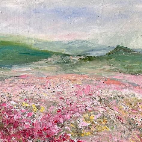 Maria-Victoria Checa 🇫🇷🇳🇮🇺🇸 on Instagram: "Pink Flower Field Oil on Canvas, 24” x 30” Getting a hang of perspective! What do you think? Available for sale! DM me! #wildflowers #flowerfield #abstractlandscape #impressionism #impressionisme #monet #peintureabstraite #peinturealhuile #mvchecaart #bethesdarow #bethesdamd #emergingartist #color #artwatchers #artforhome #firsttimehomebuyer #dcrealestate #flowers #abstractimpressionism #paintingforsale #artforsalebyartist #dcart #mdart #artforthe Pink Flower Field Painting, Pink Monet Painting, Pink Impressionist Art, Pink Flower Field, Flower Field Painting, Post Impressionism Art, Maria Victoria, Art Alevel, 2023 Pink