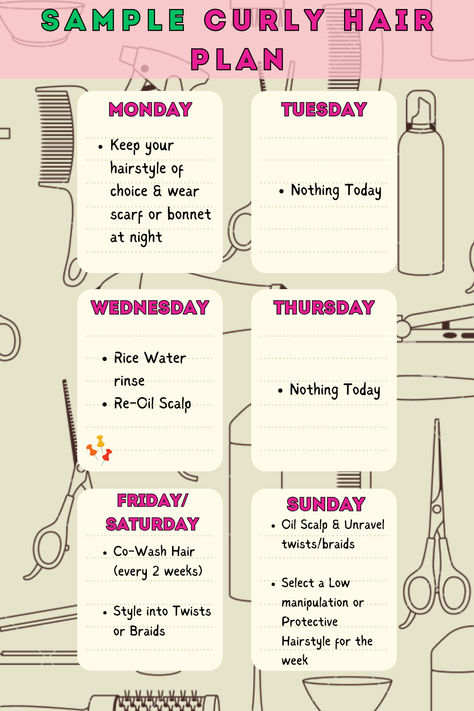 Establishing a weekly routine is CRITICAL for the overall health of your hair. This is an example of how you can outline yours! Weekly Curly Hair Routine, Hair Wash Routine For Curly Hair, Curly Hair Care Routine Daily, Hair Care Weekly Routine, Weekly Hair Care Routine Schedule, Weekly Hair Routine, Weekly Hair Care Routine, Curly Hair Wash Routine, Hair Care Routine Daily