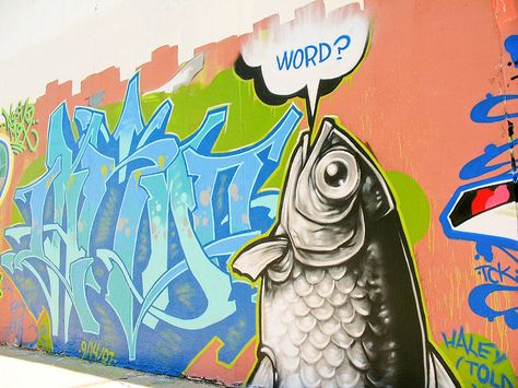 Wordy Fish | Graffiti art outside of Elektrik Chair in Wichi… | martianmermaid | Flickr Fish Graffiti Art, Ocean Graffiti, Fish Graffiti, Cow Fish, Art Outside, James Monroe, Graffiti Murals, Fish Drawings, Fish Market