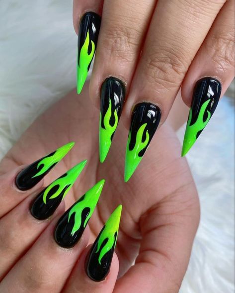 Black Nail Inspiration Acrylic, Lime Green Flame Nails, Neon Nail Inspo Acrylic, Demon Nail Art, Black And Green Flame Nails, Monster Energy Nails Designs, Neon Stilleto Nails Designs, Neon Nail Inspo Short, Neon Green Nails Ideas