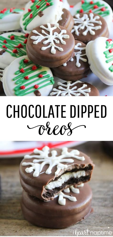 Chocolate Dipped Oreo Snowflakes - Adorable and easy treats the whole family can help make! #chocolate #chocolaterecipes #oreo #christmas #christmasrecipes #cookies #cookiedecorating #cookierecipes #christmascookies Oreo Christmas, Chocolate Dipped Oreo, Chocolate Dipped Oreos, Xmas Treats, Dipped Oreos, Recipes Chocolate, Christmas Candy Recipes, Xmas Cookies, Easy Treats