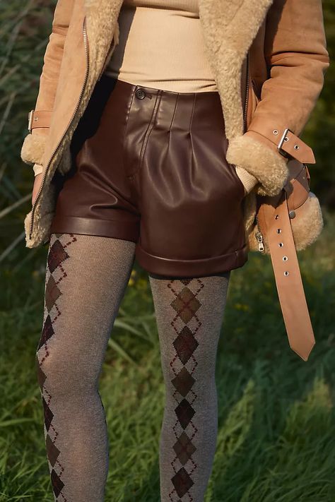 Faux Leather Shorts | Anthropologie Winter Stockings Outfit, Shorts With Stockings Outfits, Shorts And Tights, Stripe Tights, Tights Outfits, Stockings Outfit, Faux Leather Shorts, Knit Tights, Striped Tights