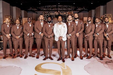 Brown Groomsmen Suits, Brown Groomsmen, Black People Weddings, Brown Wedding Themes, Ring Bearer Suit, Wedding Groomsmen Attire, Groom And Groomsmen Suits, Bronze Wedding, Flower Girl Gown