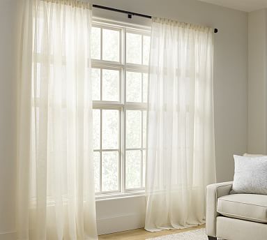 Emery Linen Sheer Curtain | Pottery Barn Ivory Curtains, Curtain Rings With Clips, Sheer Linen Curtains, White Sheer Curtains, White Drapes, Linen Drapes, Sheer Drapes, Williams Sonoma Home, Rod Pocket Curtains