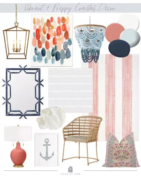 Navy Blue And Coral Living Room, Coral Accents Living Room, Preppy Coastal Bedroom Aesthetic, Coral And Blue Bedroom, Blush Coastal Decor, Blue And Coral Bedroom, Coastal Grandmillennial, Pink And Blue Coastal Bedroom, Coral Beach Bedroom