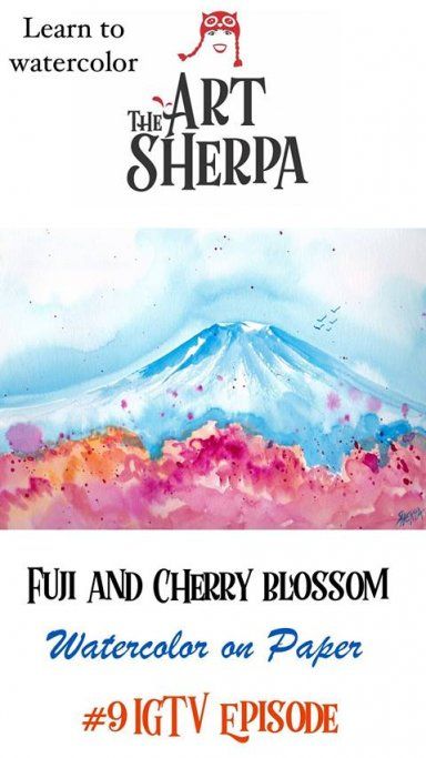 Painting For Beginners Videos, Canvas Painting For Beginners, Cherry Blossom Watercolor, Art Sherpa, The Art Sherpa, Fuji Mountain, Mountain Drawing, Painting For Beginners, Acrylic Painting For Beginners