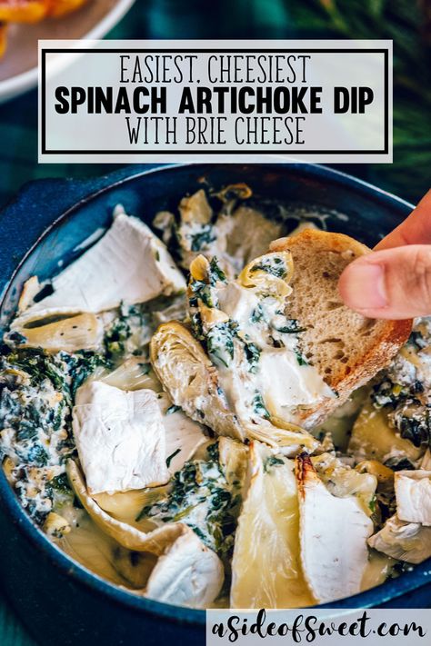 YUM! Easy Holiday Appetizer Recipe Idea - Cheesy Spinach Artichoke Dip with Brie Cheese and No Mayo #Recipe #Appetizer #Easy Cheesy Spinach Artichoke Dip, Brie Cheese Recipes, Spinach Artichoke Dip Recipe, Cheesy Spinach, Artichoke Dip Recipe, Holiday Appetizers Recipes, Holiday Appetizer, Easy Party Food, Spinach Artichoke Dip