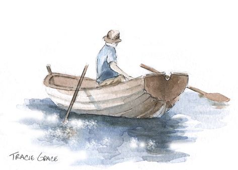 Watercolor Class: The Fisherman Fisherman Boat Drawing, Old Boat Drawing, Fisherman Drawing Sketch, Watercolor Fisherman, Fisherman Drawing, Fisherman Painting, Fisherman Art, Ship Watercolor, Boat Sketch