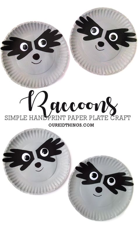 Simple Paper Plate Handprint Raccoon Craft Preschool Animals Craft, Land Animals Preschool Craft, Paper Plate Bug Craft, Camping Art Projects For Kids Preschool, Summer Activities For Kids Preschool Classroom, Raccoon Handprint Craft, Googly Eye Crafts Preschool, Forest Animals Art Preschool, Prek Letter Crafts