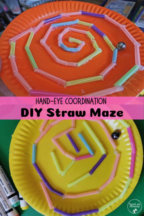 Make a DIY Straw Maze using a paper plate and straws! #funlearning #reuse #kidstoys #teachmemommydotcom Straw Maze Activity, Maze Craft Preschool, Stem Arts And Crafts For Kids, Straw Activities For Kids, Straw Crafts For Kids, Straw Maze, Straw Activities, Stem Activities For Kids, Diy Straw