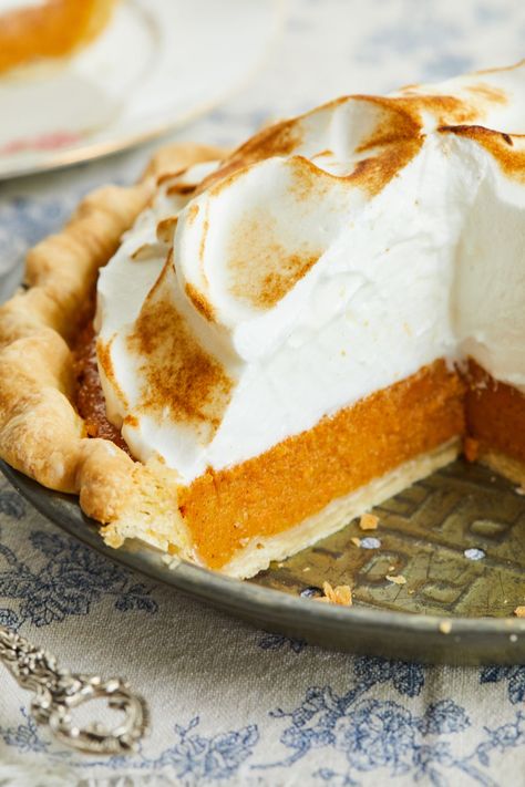 Sweet Potato Pie a mile high with meringue. Sweet Potato Pies Recipes, Bigger Bolder Baking, Potato Pie, Toasted Marshmallow, Marshmallow Fluff, Sweet Potato Pie, Pumpkin Pie Recipes, Indulgent Desserts, Homemade Pie