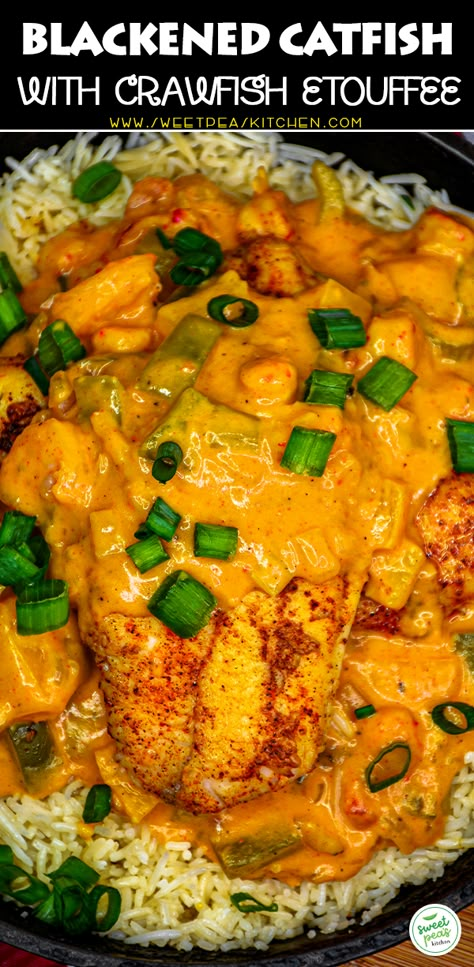 Blackened Catfish with Crawfish Etouffee Catfish Etouffee Recipe, Pics With Cat, Catfish Dinner Ideas, Latina Catfish Pics, Cabbage And Shrimp, Crispy Fried Catfish, Etoufee Recipe, Crawfish Etoufee Recipe, Crawfish Etoufee