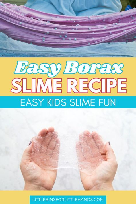 Learn how to make Borax slime with our simple guide. This easy slime recipe is perfect for both kids and adults, fun for the entire family! You'll find all the steps to create stretchy slime that can provide plenty of fun. Check out all of the creative variations and tips to help you make it your own. Making homemade slime is a fun indoor activity this winter! How To Make Puffy Slime, Borax Bouncy Balls, Borax Slime Recipe Easy, Slime With Borax, Puffy Slime, Dish Soap Slime, Slime With Contact Solution, Borax Slime Recipe, Glitter Slime Recipe