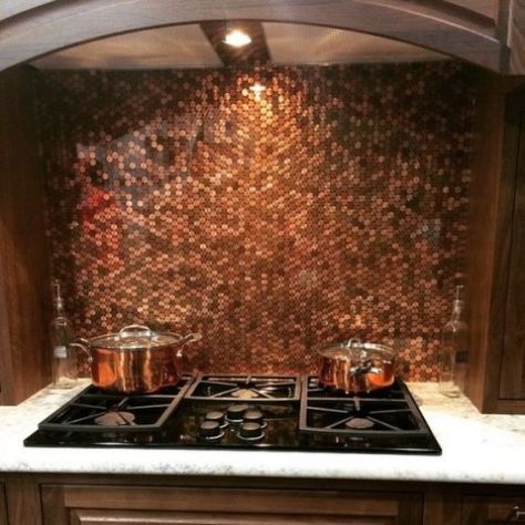 Backsplash Ideas Peel And Stick, Half Baths Ideas, Penny Wall, Cargo Camper, Gray Subway Tile Backsplash, Chevron Backsplash, Penny Art, Penny Backsplash, Copper Kitchen Backsplash