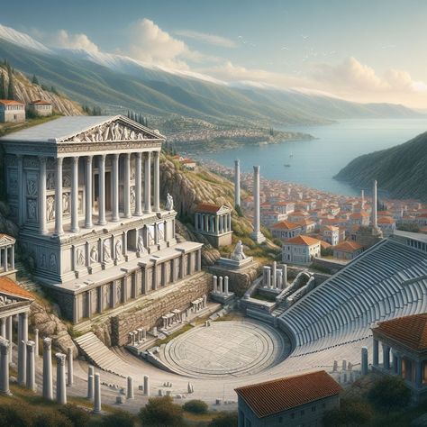 Ancient Greek City Concept Art, Greek City Concept Art, Greek Buildings Aesthetic, Greco Roman Architecture, Roman Landscape, Roman Palace, Superhero Art Projects, Steampunk City, Ancient Greek City